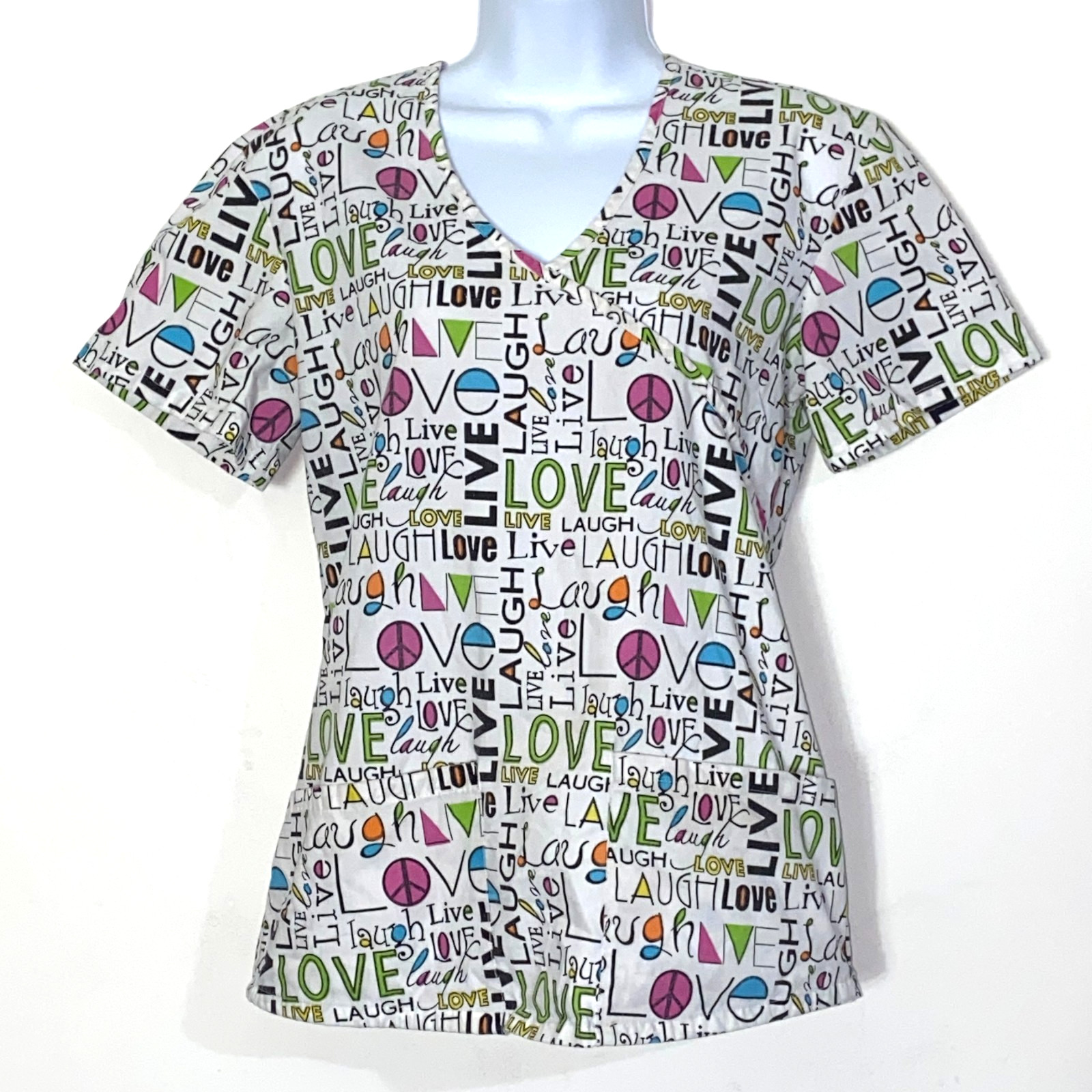 Med Wear Scrub Top Womens Size S Multi-Color Love Peace Signs Medical Uniform