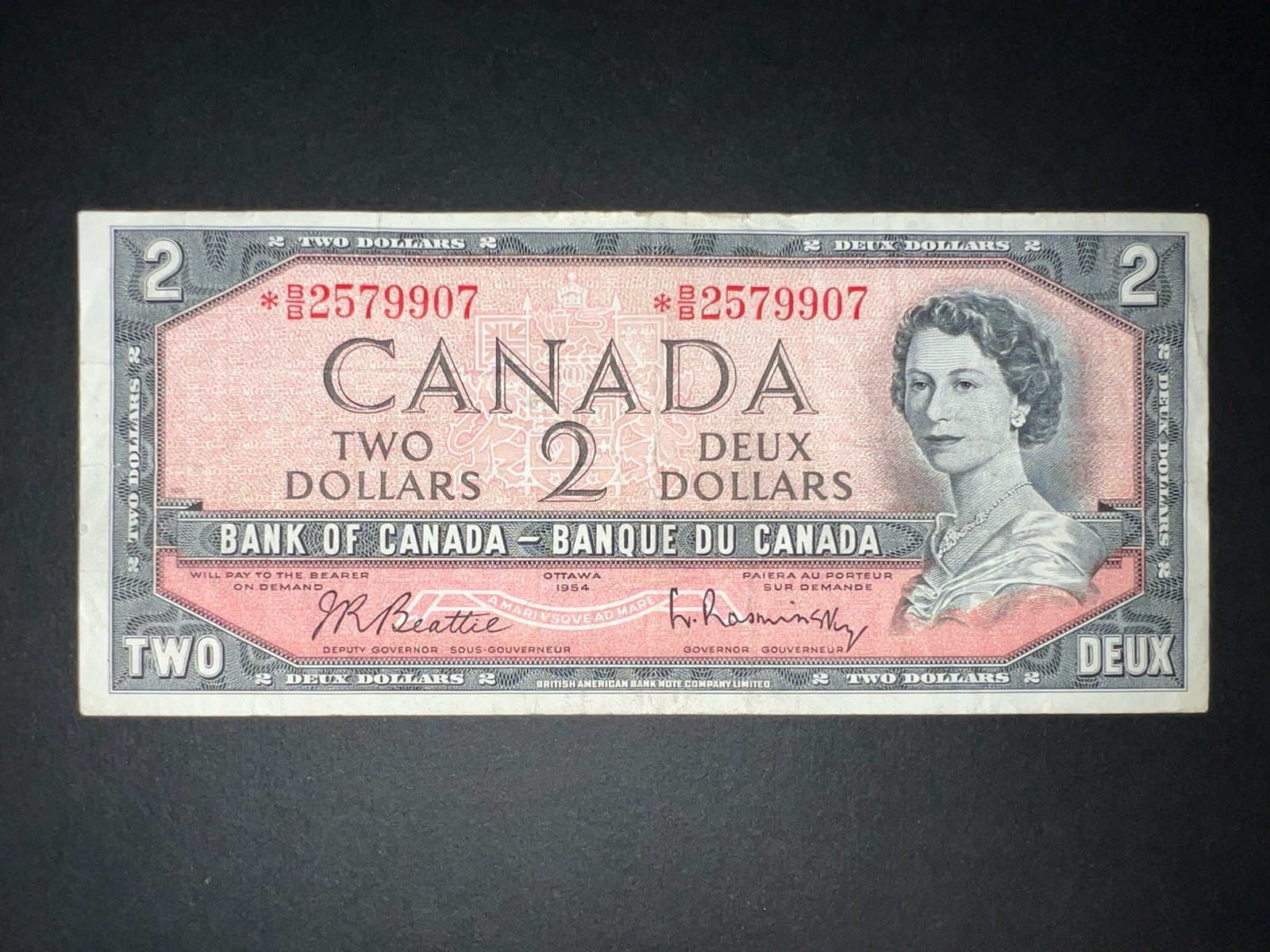Canada 1954 $2 Replacement Bank Note *B/B 3579907 Beattie-Rasminsky