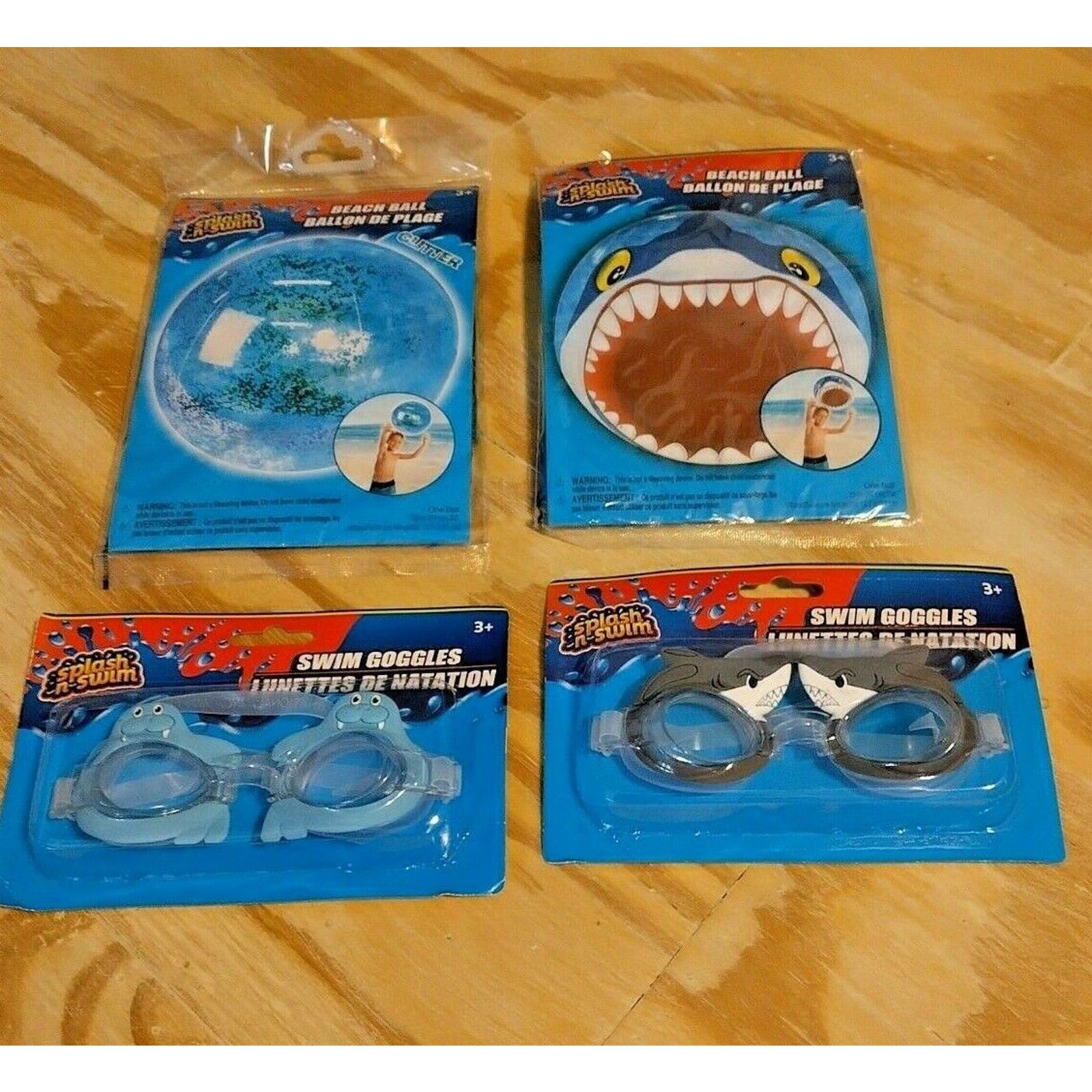 Splash N Swim 4 Pc Swim Pool Boys Shark Goggles, Beach Ball, Blue Goggles & Ball
