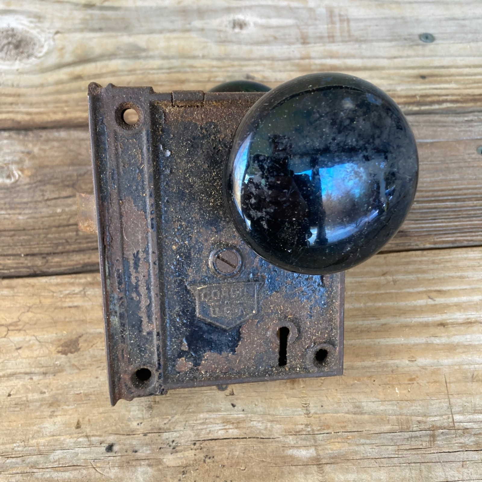 Vintage Corbin Black Porcelain Door Knob Latch Set Antique Hardware