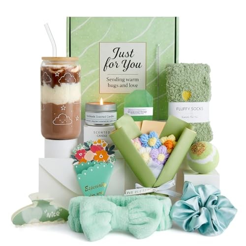 Mothers Day Gifts for Women, Cozy Self Care Gift Set for Her with Glass Green