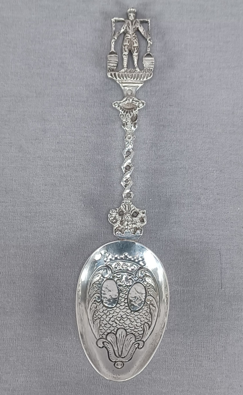 Antique Dutch 833 Silver Figural Man Carrying Buckets Spoon Circa 1902