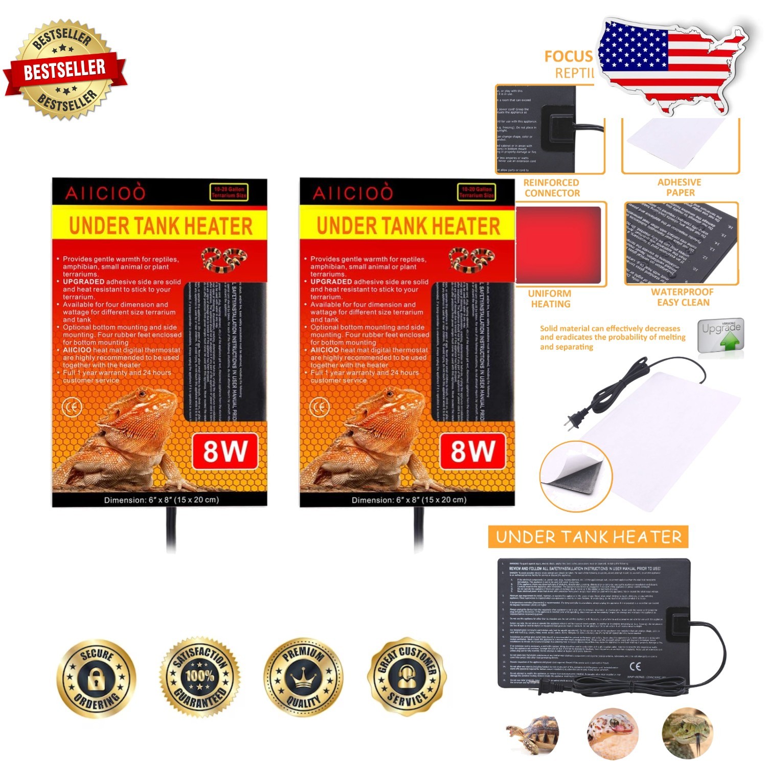 Reptile Heat Mat 8W 6x8" 2-Pack, Snake Lizard Terrarium Heater