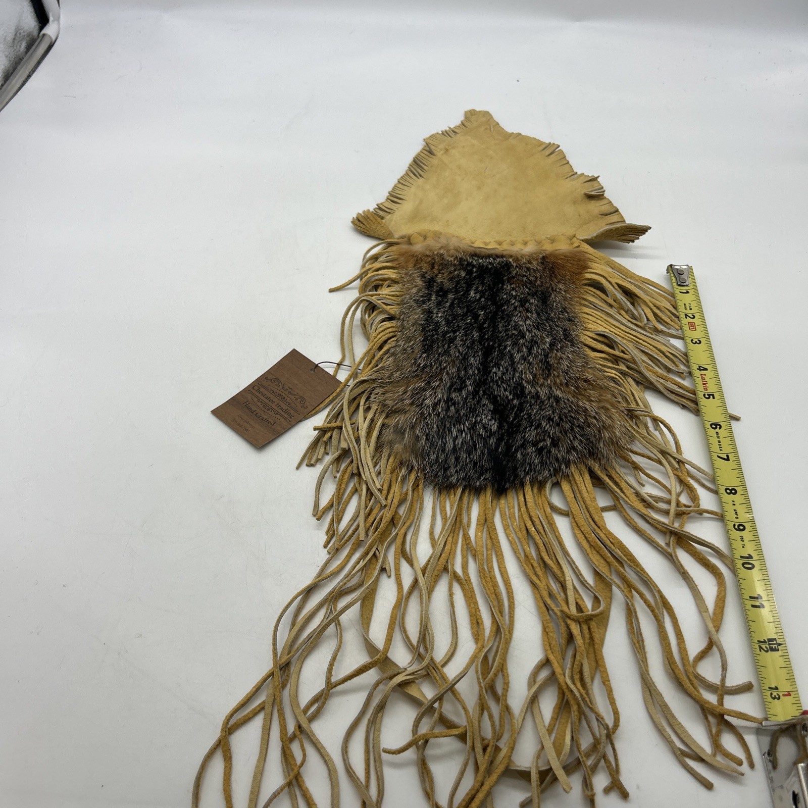 Native American Leather Grey Fox Medicine Pouch Bag with Fringe And Strap