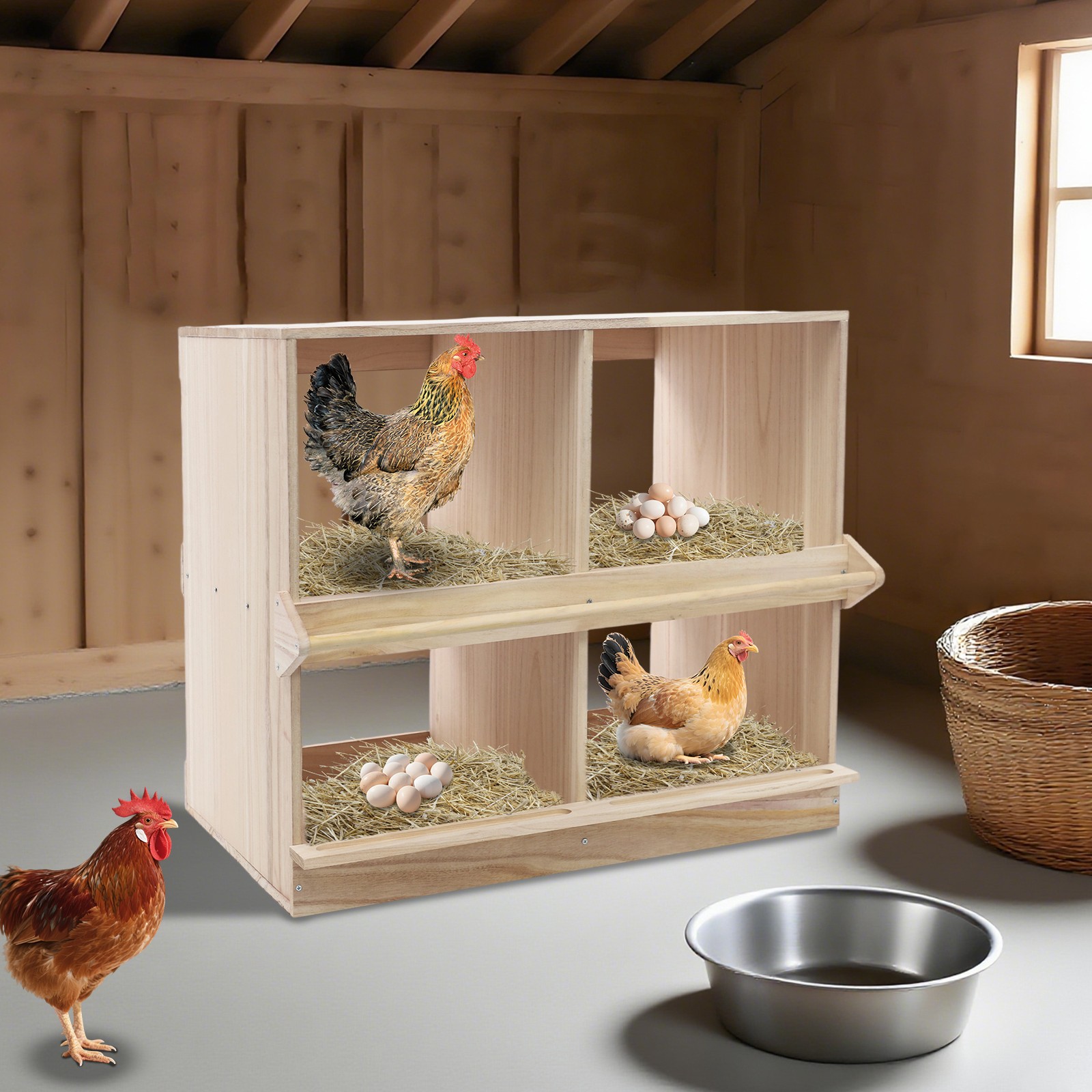 4 Compartments Chicken Nesting Box Wooden Laying Case for Hens W/ Perches Home