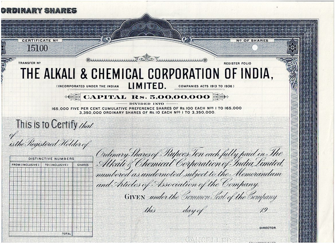 The Alkali & Chemical Corp. of India Ltd., 1940, excellent rare Specimen, single piece