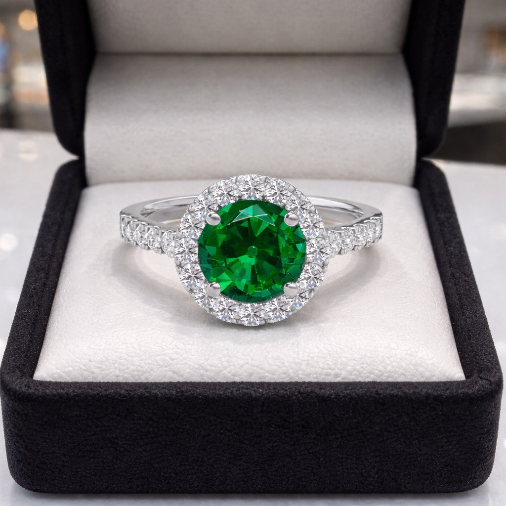 3.00 Ct Round  Cut Natural Emerald & Diamond  Wedding Ring 14K White Gold Size 8