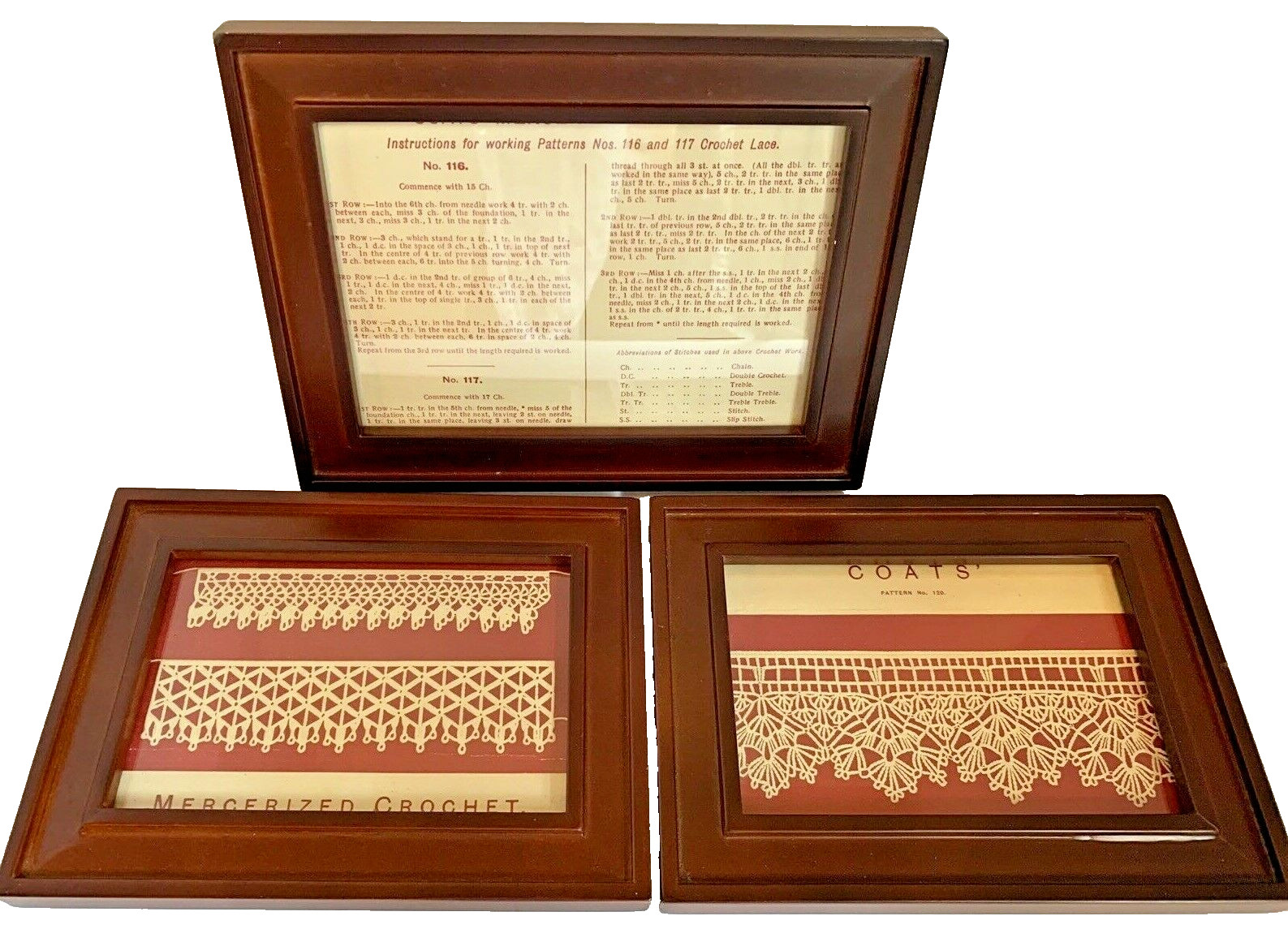 Coats & Clark Framed Crochet Paper Lace Samples with Instruction 3 Vintage