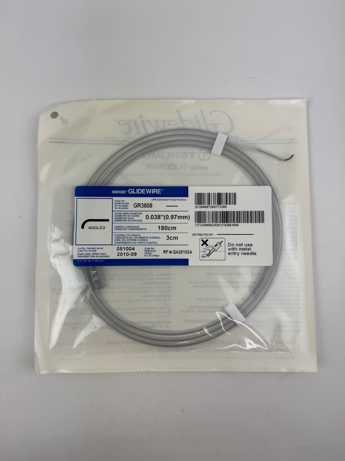 TERUMO GLIDEWIRE GR3808 .038"x180cm Standard Straight Tip, TIP=3cm