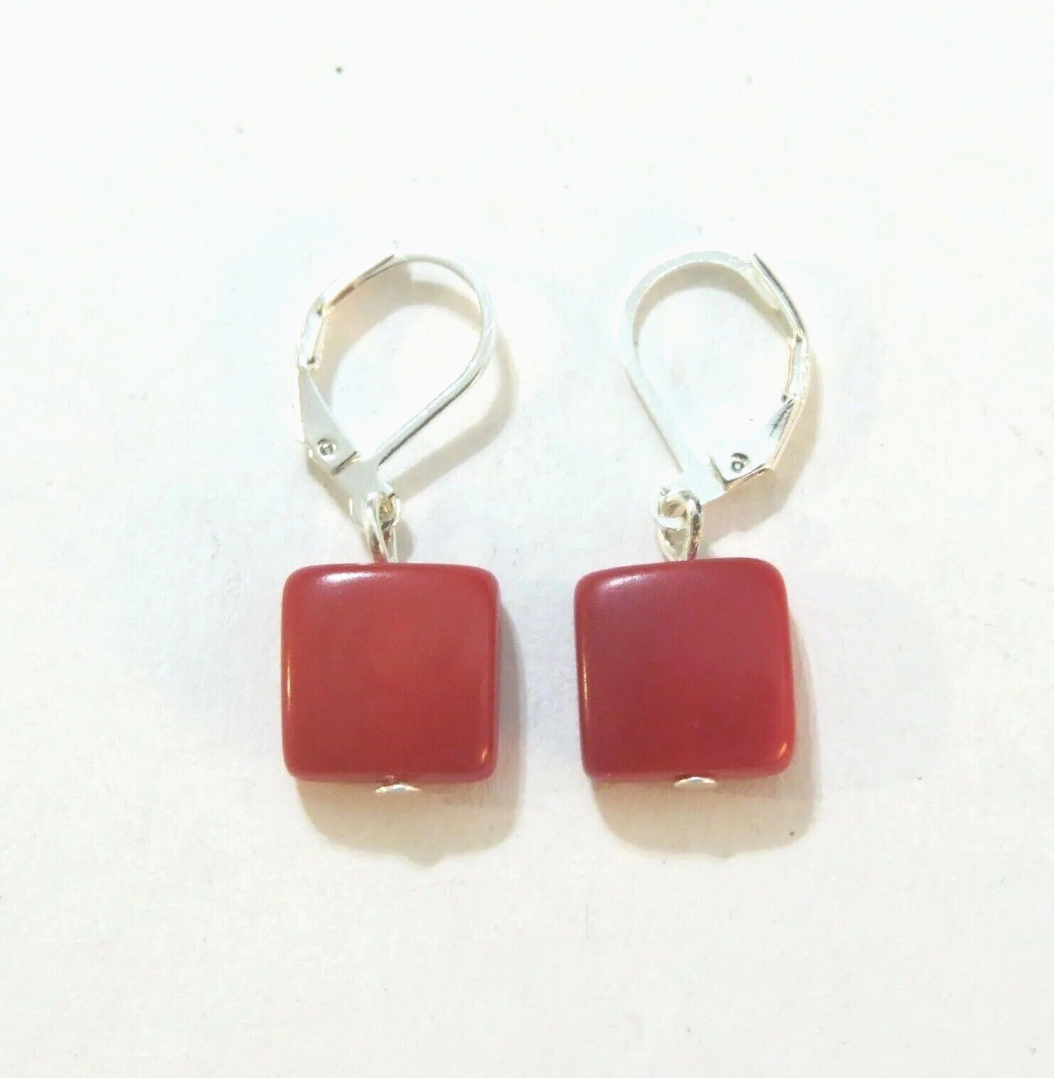 Vintage Genuine Red Coral Dangle Earrings 925 Silver Plate Lever Back