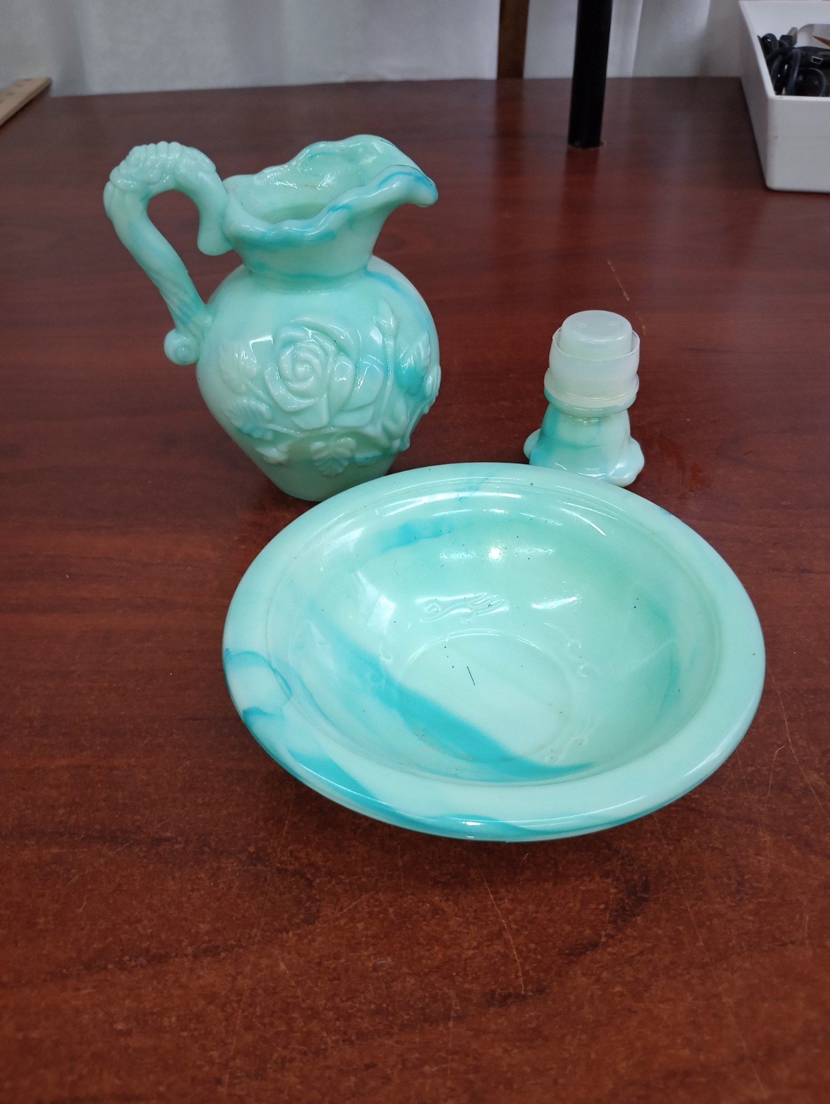 Vintage Avon Rose Victorian Pitcher And Bowl Rose Turquoise Moonwind  6oz