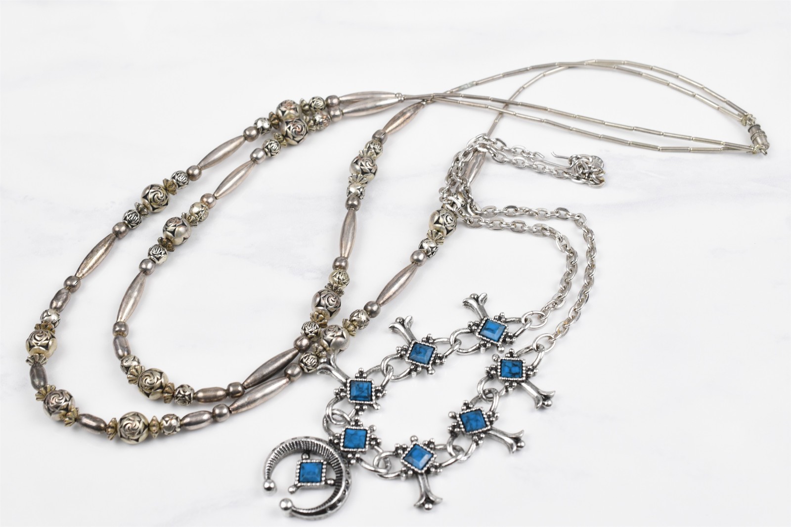 Handmade Studio 2pc Southwestern Necklace Lot Faux Turquoise Squash + Metal Bead