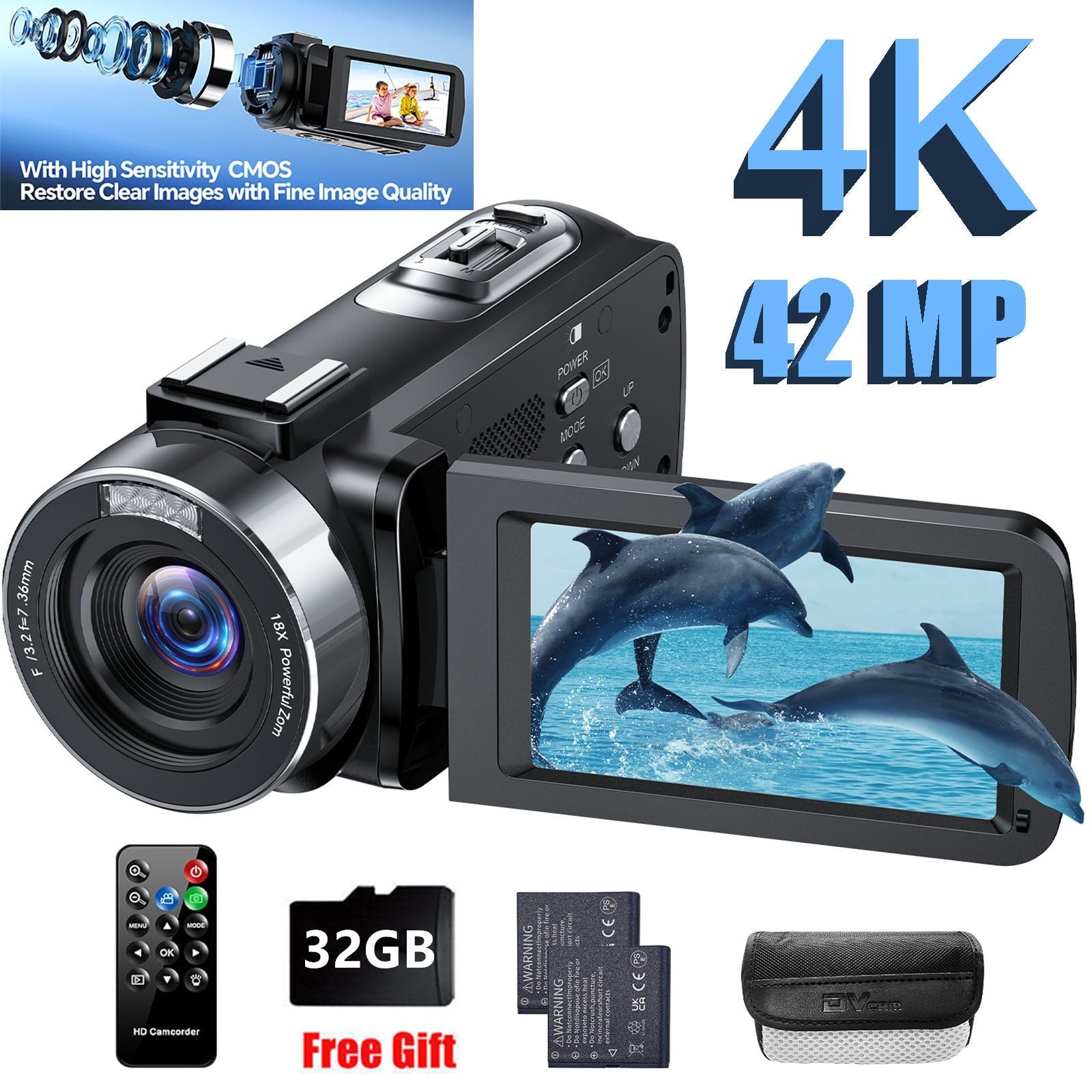 4K UHD Video Camera Camcorder 42MP LED 18X Digital Zoom 270° Rotation Screen US