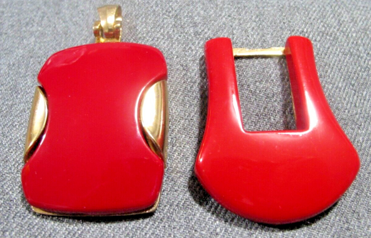 Vintage 80's dark red plastic? goldtone metal large 2 different pendants