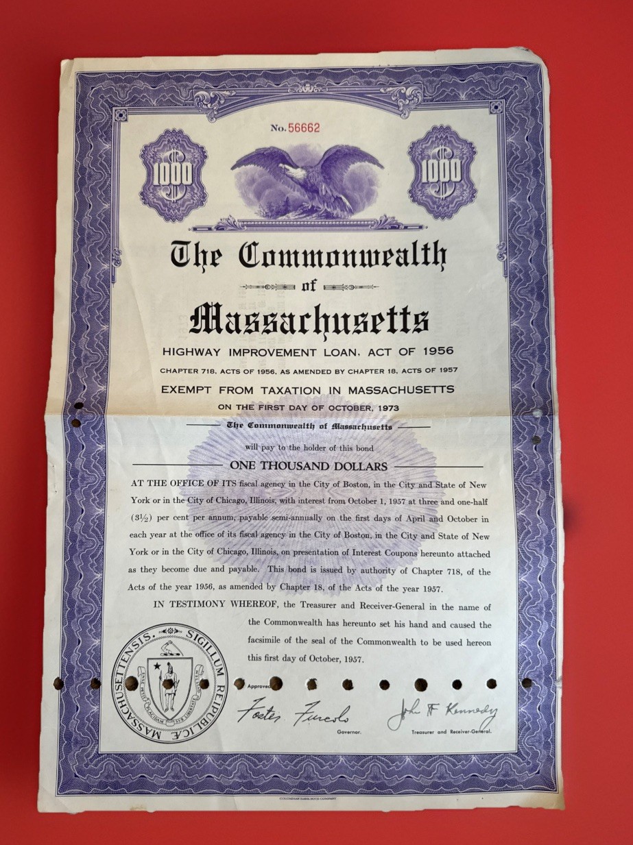 1956 MA Highway Improv Loan Bond signed Gov Foster Furcolo John F Kennedy Tres