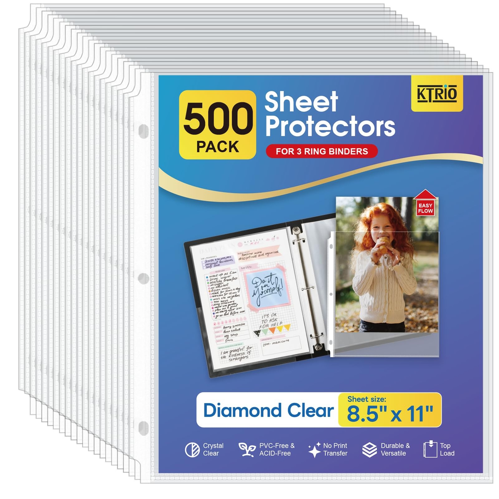 KTRIO Sheet Protectors for 3 Ring Binder 500 Pack, Clear Page 500 