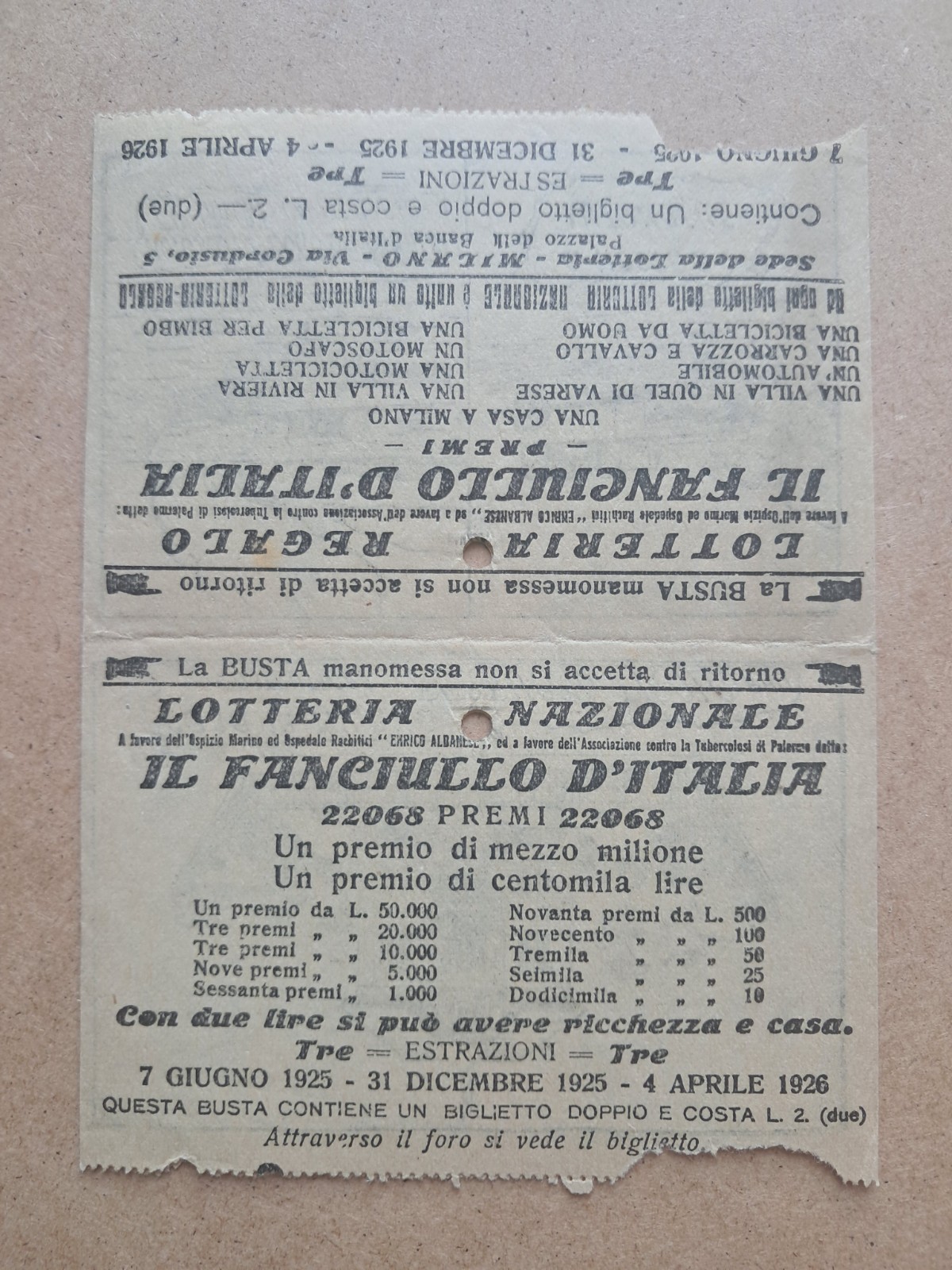 (only) Yellow Envelope Lottery Gift - Il Fanciullo d'Italia - 1925