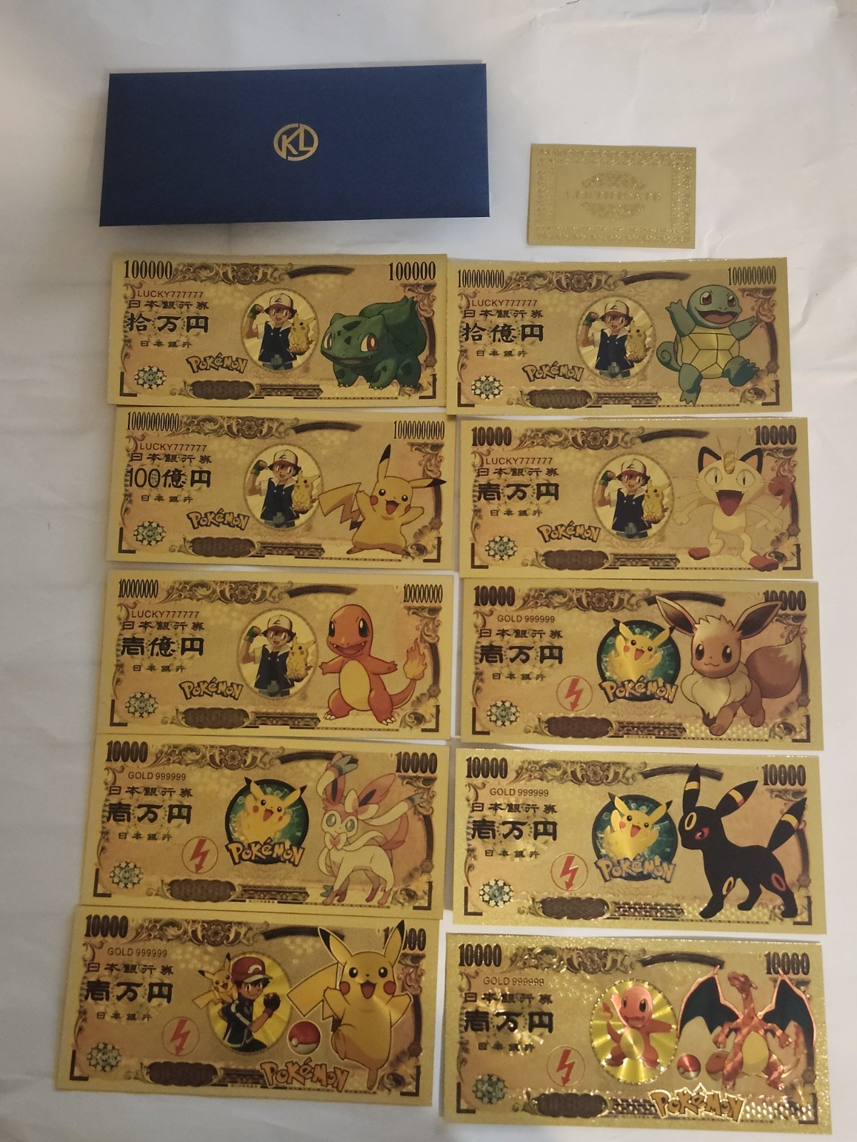 24k Gold Foil Plated Pokemon Banknotes Novelty Set Of 10