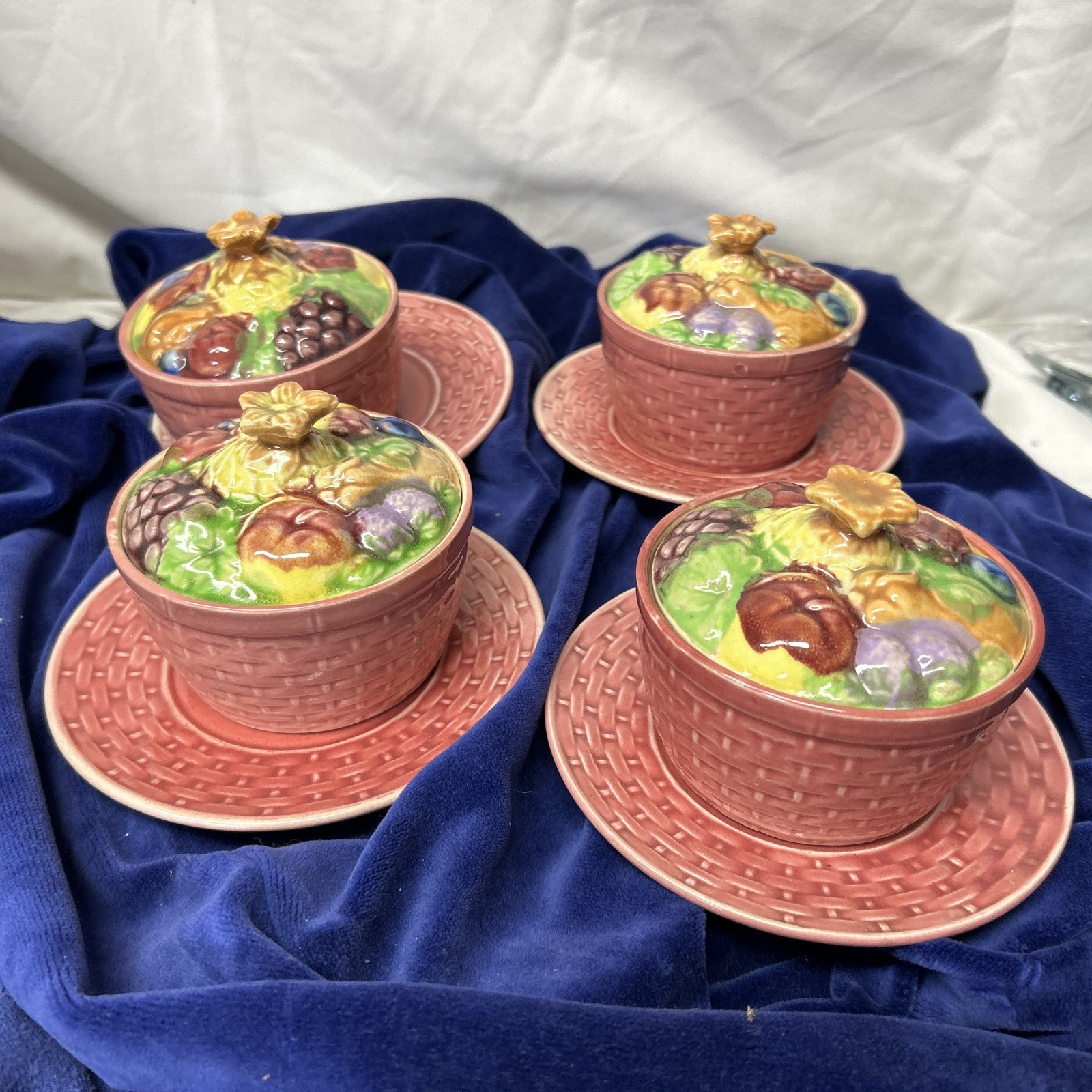 4 Vintage Ceramic Custard Cups Plates and Lids 1930's Hand Painted Made in Japan