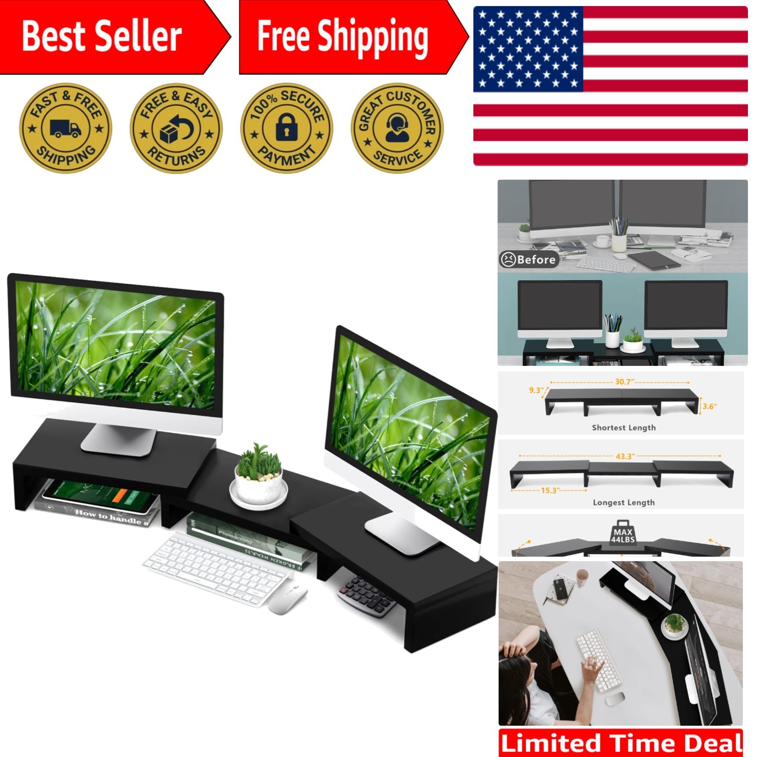 TAVR Dual Monitor Stand Riser Office Desktop Organizer Stand for 2 Monitors, ...