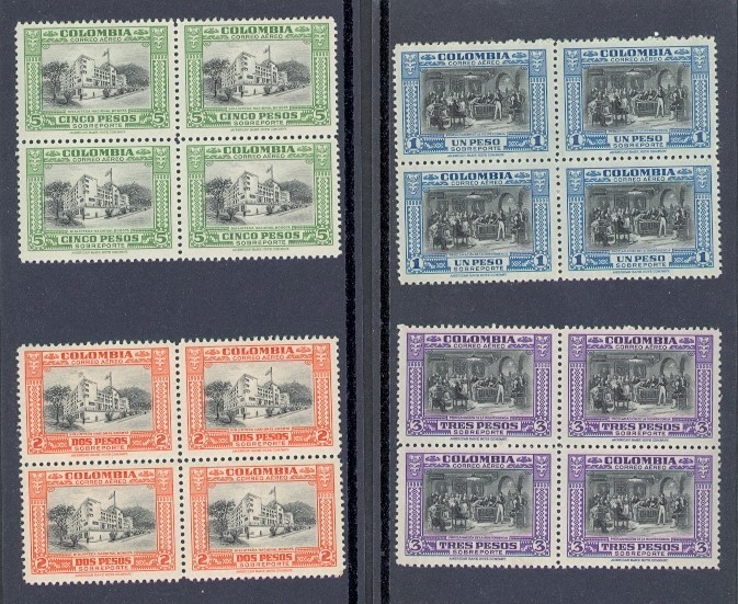 COLOMBIA #C130-C133 HI VALUE AIRMAILS BLOCKS OF MNH F-VF