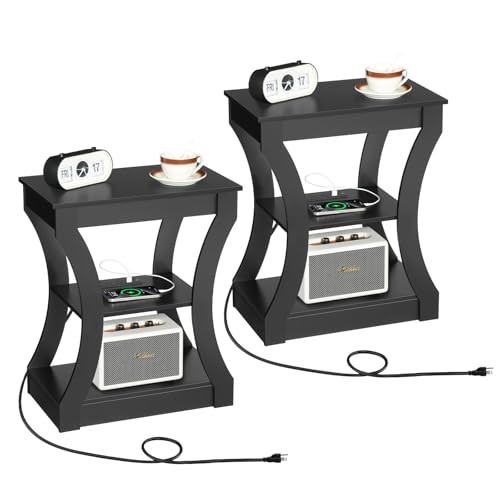 End Table Set of with Charging Station, Skinny Side Table with USB 2 Black