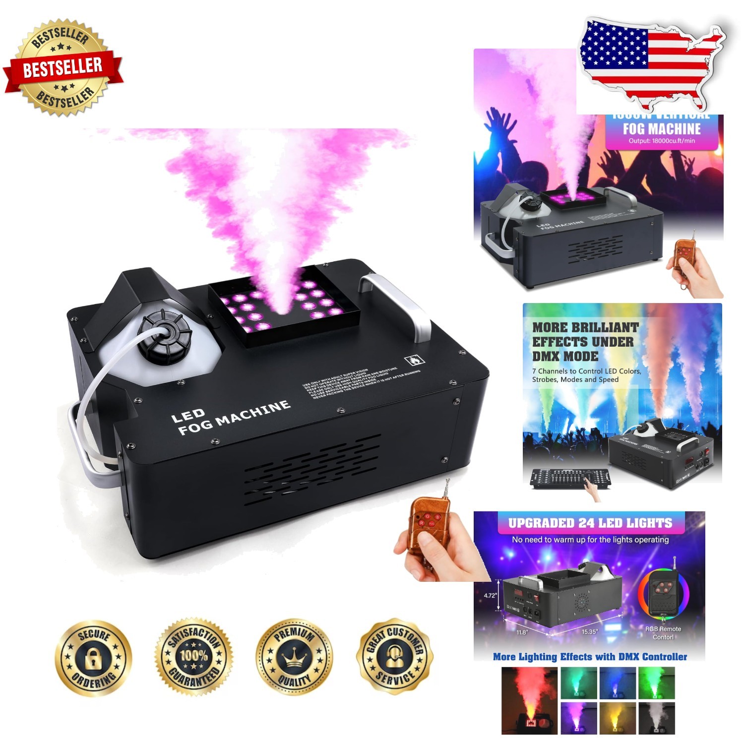 Powerful 1500W Fog Machine, 24 LED RGB Lights, DMX, Vertical Spray, Remote