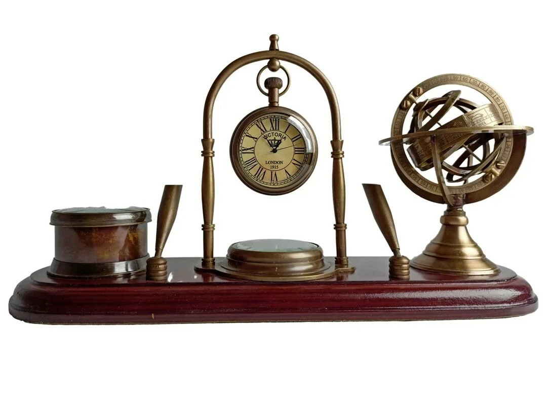 Antique Clock, Armillary, Compass, Pen Holder Décor Nautical Brass 4 Set Items