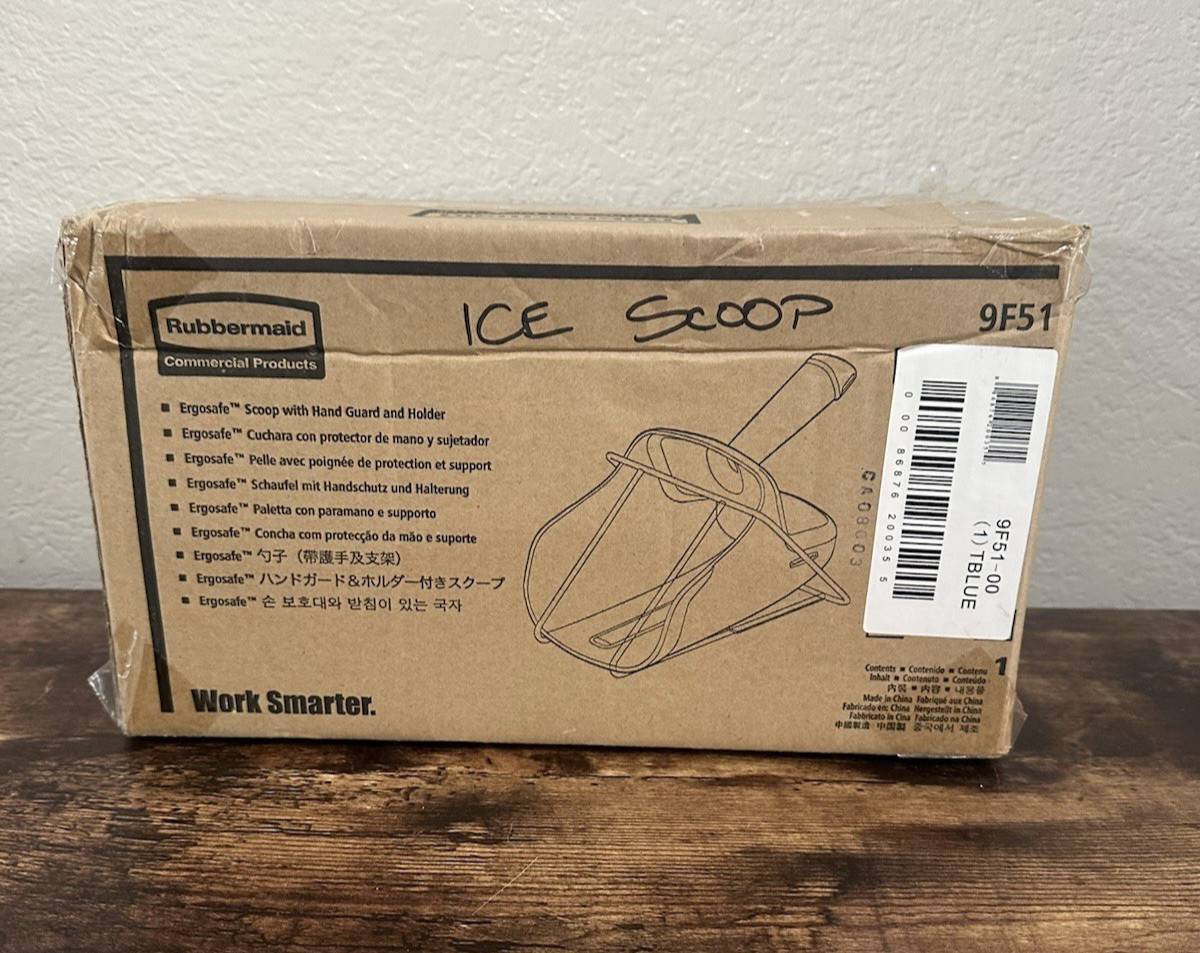 Brand New Rubbermaid  Ergosafe Ice Scoop with Hand Guard with Holder Blue 9F51