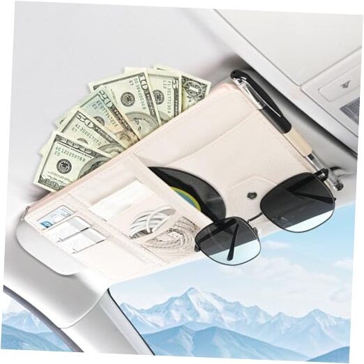  Car Sun Visor Organizer with Double Zippers, Multi-Pockets for Glasses, Beige