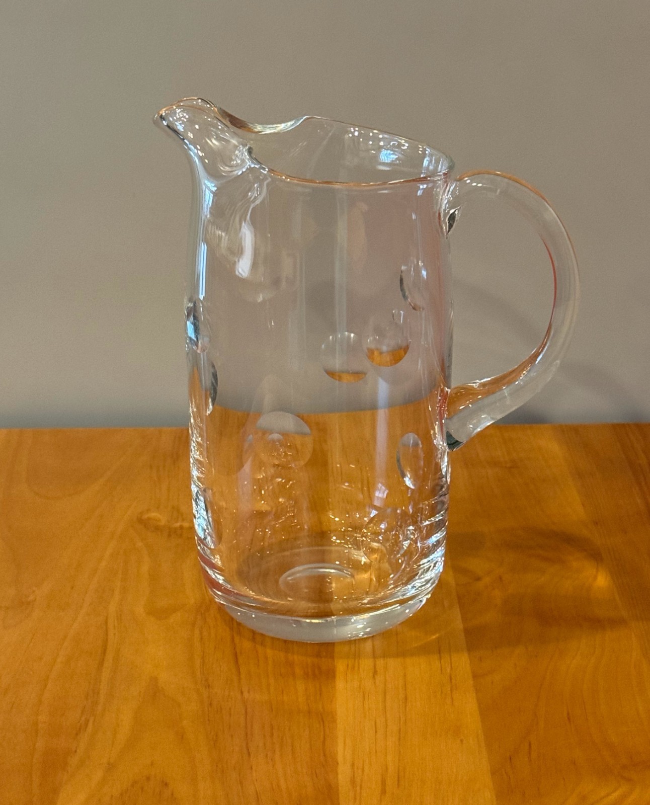 Vintage Mid-Century Modern Hand-Blown Glass Pitcher Clear with Polka Dot Indents
