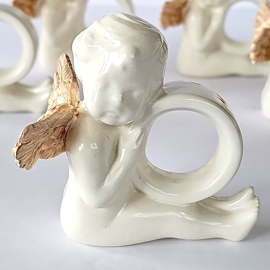 Vtg Victorian Cherub Angel Gold Wing Napkin Holder Ring Set 5 Cottagecore 1925