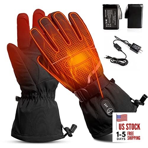 Heated Gloves - 7.4V Electric Rechargeable Battery Heated Large black gray