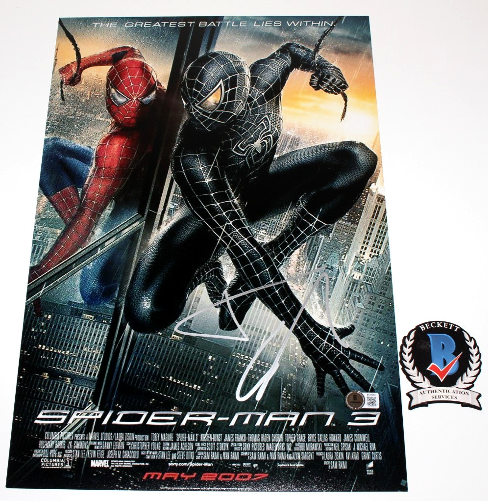 TOPHER GRACE SIGNED 'SPIDER-MAN 3' VENOM 12x18 MOVIE POSTER BECKETT BAS COA