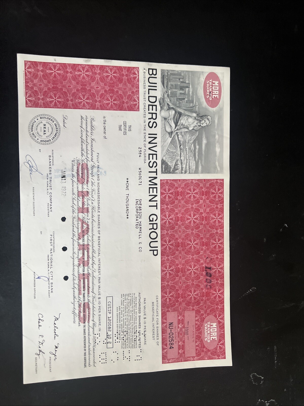 Builders Investment Group - Original Stock Certificate - 1972 -1 Thousand Shares
