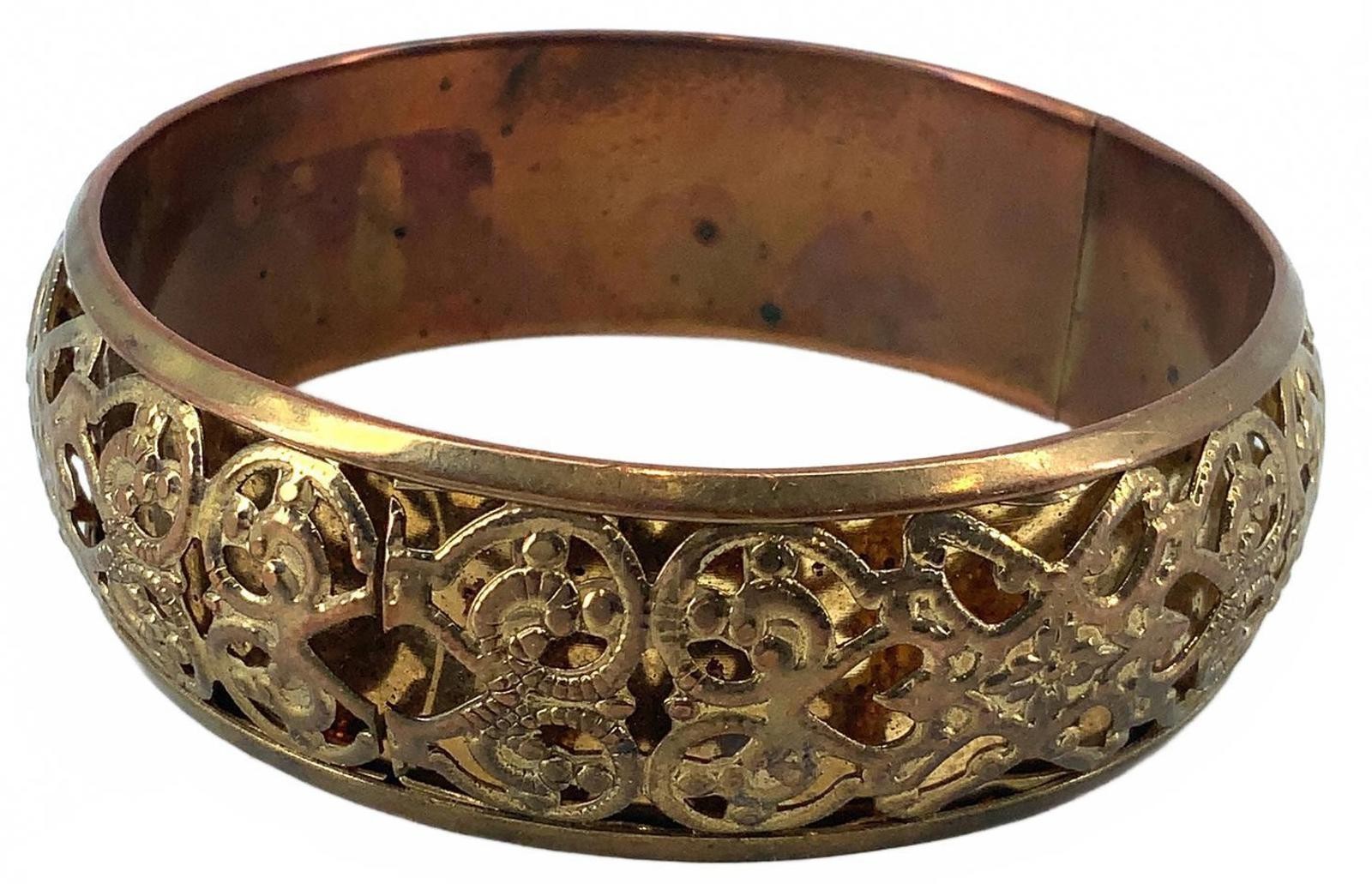 Vintage Brass Art Nouveau Bangle Goldtone Openwork Floral Boho Cuff