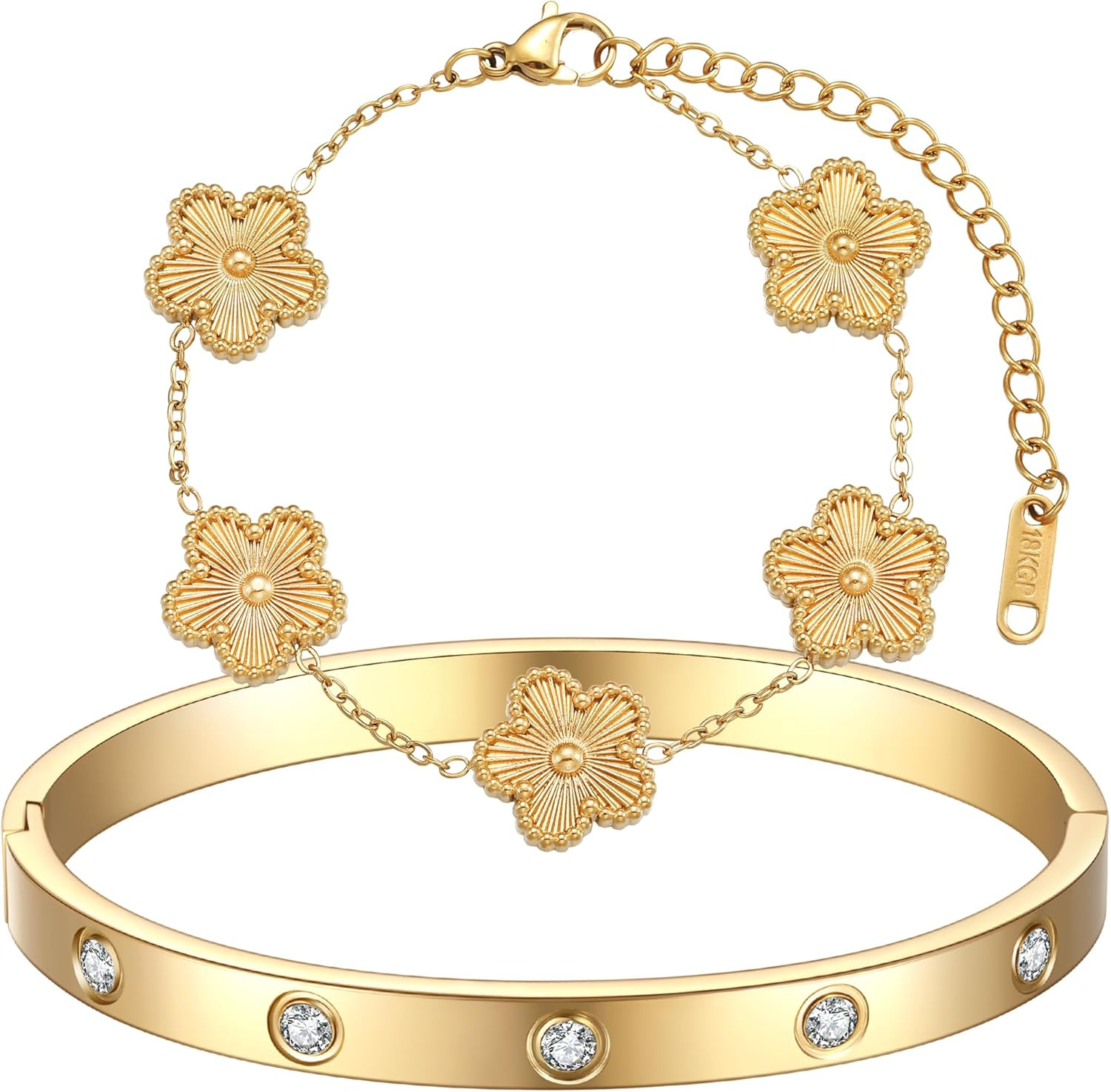 18K Gold Plated Clover Bracelet Love Bangle Set for Women - Stack Friendship Bra
