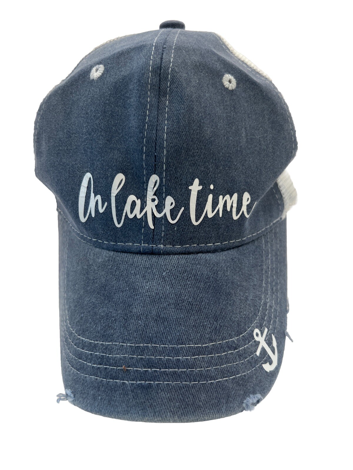 On Lake Time Distressed Hat Cap Denim Lite Blue White  Letters/Anchor Hook Loop