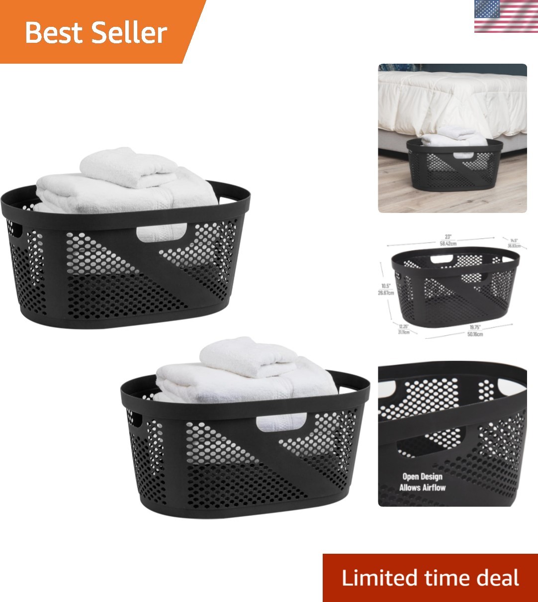40L Ventilated Laundry Baskets, Lightweight Clothes Hamper with Cutout Handle...