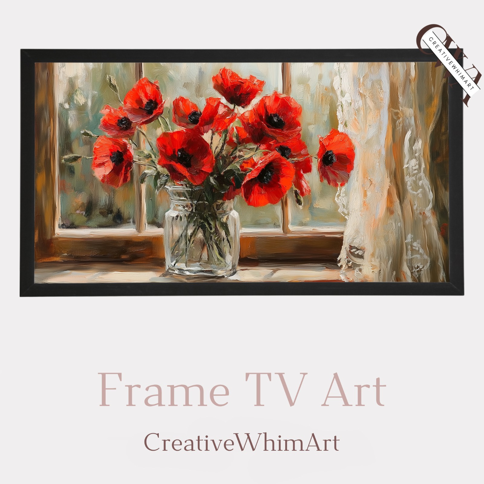 Cottagecore Frame TV Art Rustic Vintage Poppy Bouquet Painting Romantic Farmhous