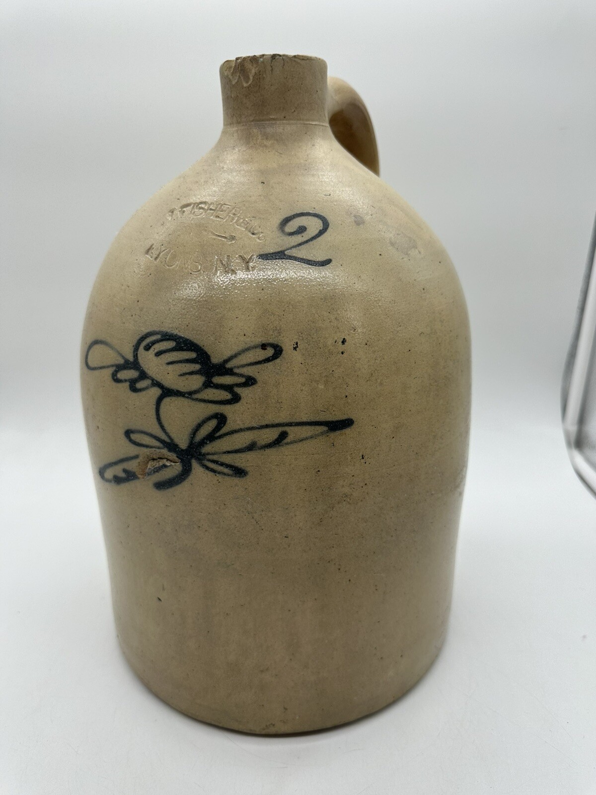 Antique Salt Glazed Stoneware J Fisher Lyons NY Floral Whiskey Crock Jug