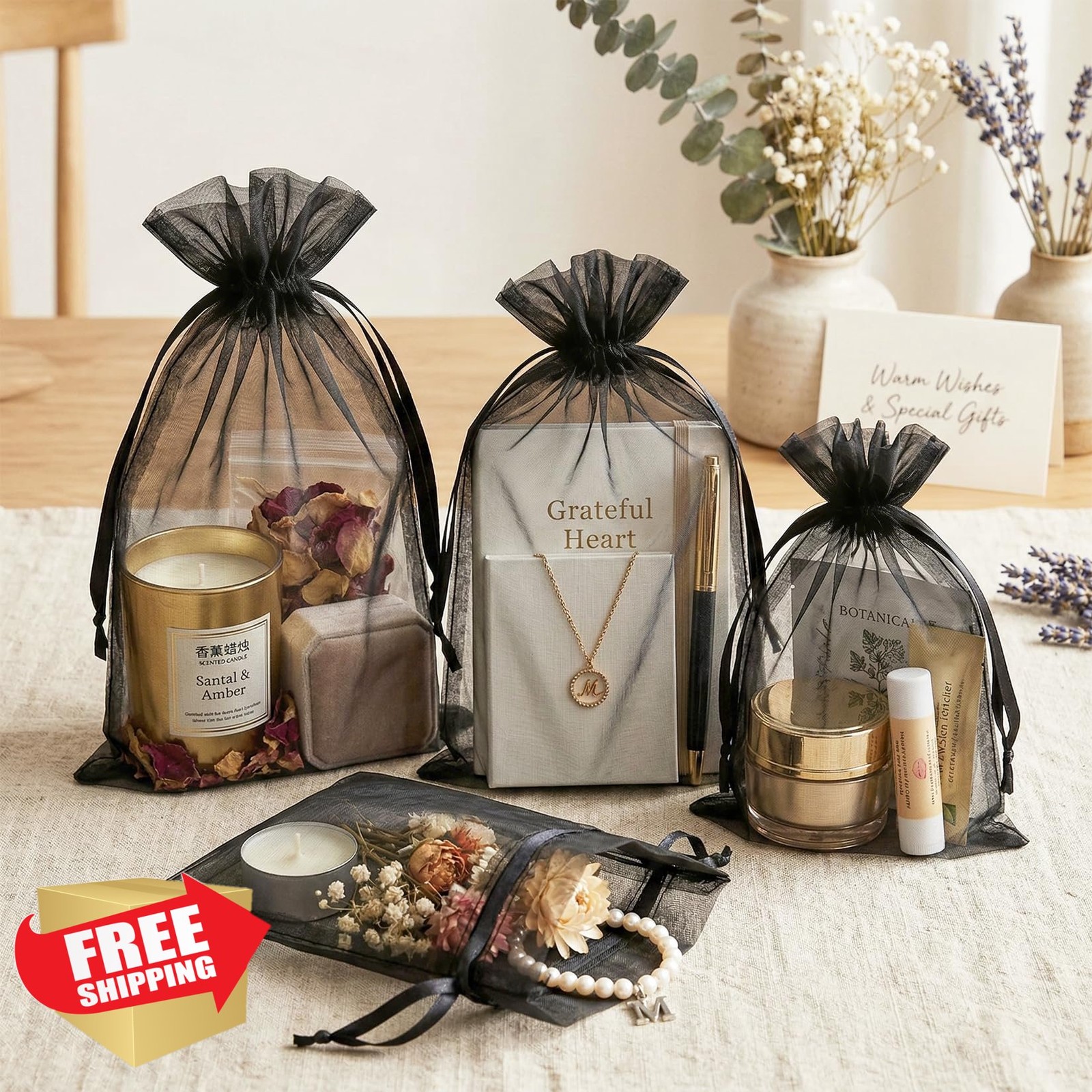 FUNFERY 100 Pcs Black Organza Bags 3x4 in Small Drawstring Gift Bags