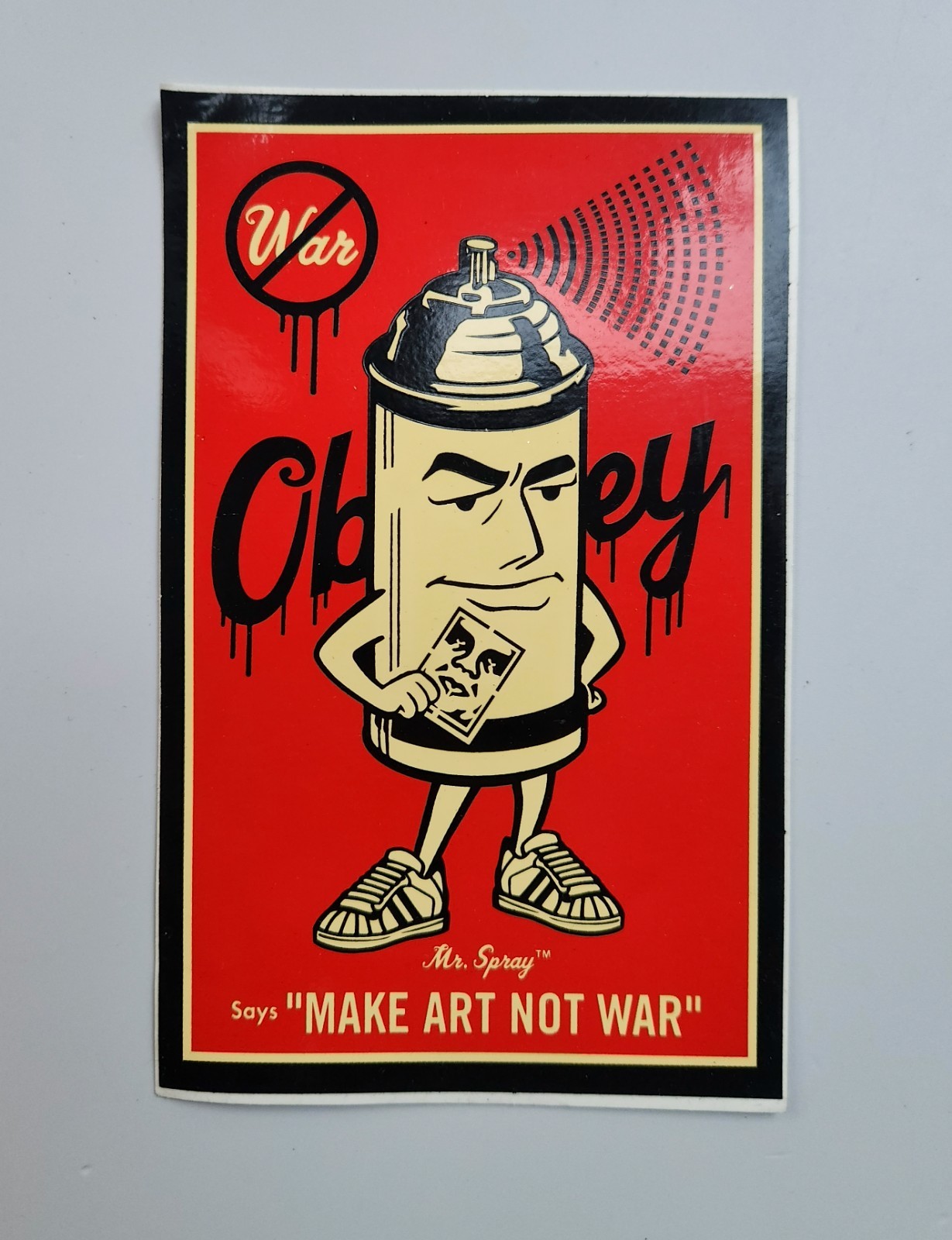Vintage Shepard Fairey Mr. Spray Says "MAKE ART NOT WAR" Sticker 5.75" x 3.5"