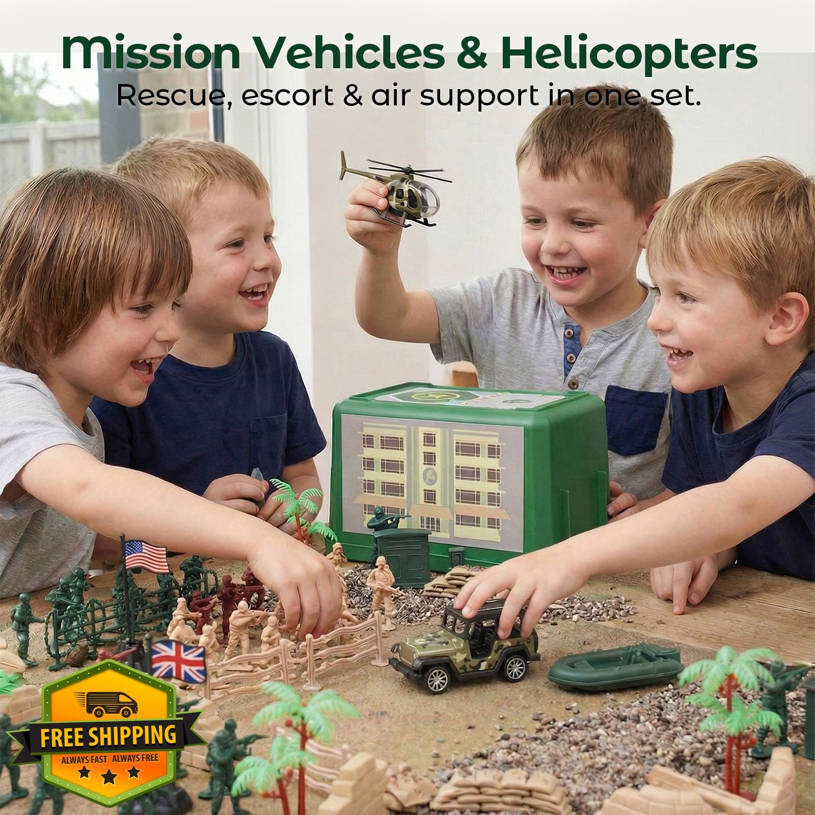 3 Otters Army Men Playset 115PCS Toy Soldiers Vehicles Helicopter Box