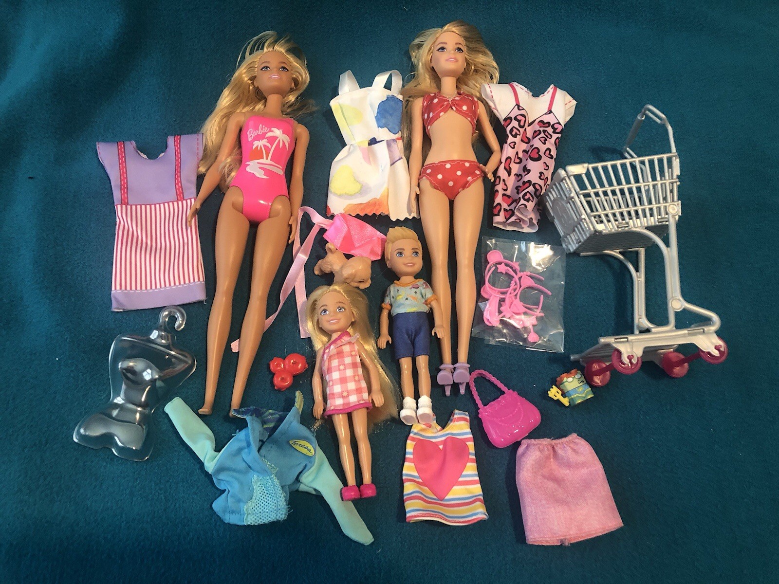 Mattel Barbies, Chelsea, Boy Doll, Puppy, Grocery Cart, Dresses And Accessories 
