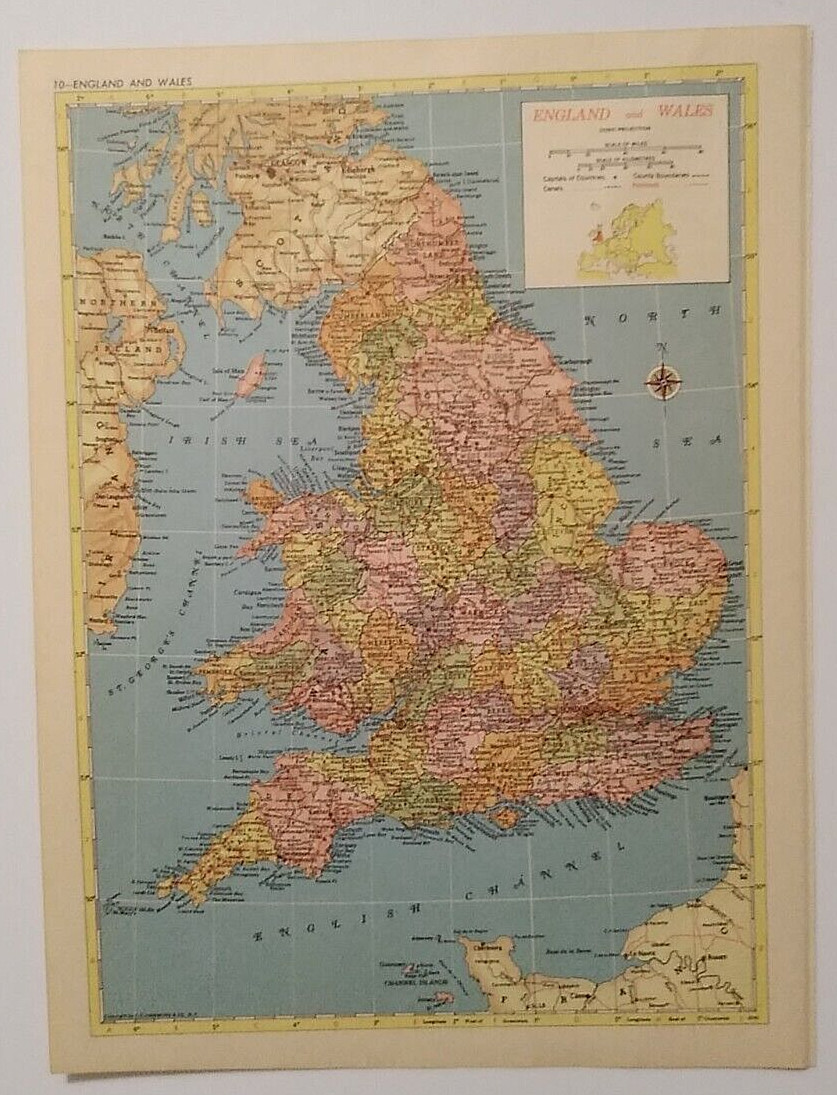 1956 Antique ENGLAND & WALES Atlas Map Hammond's Family Reference World Atlas