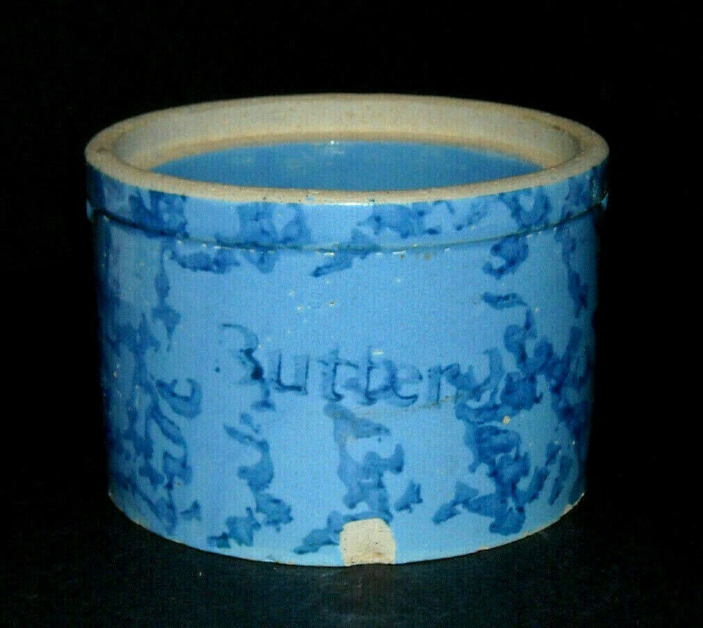 Antique 1895 - 1920 BLUE on BLUE Spongeware Butter Crock - Stoneware Salt Glaze