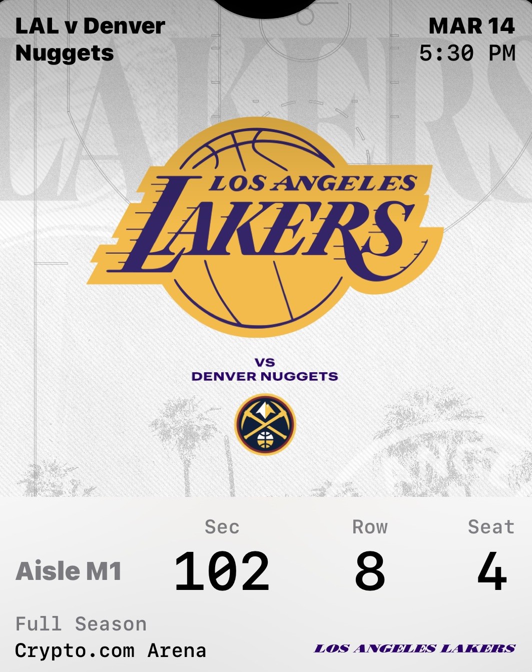 2 LA Lakers vs Denver Nuggets Tickets 3/14/26 Sec 102 Row 8 Seats 3-4