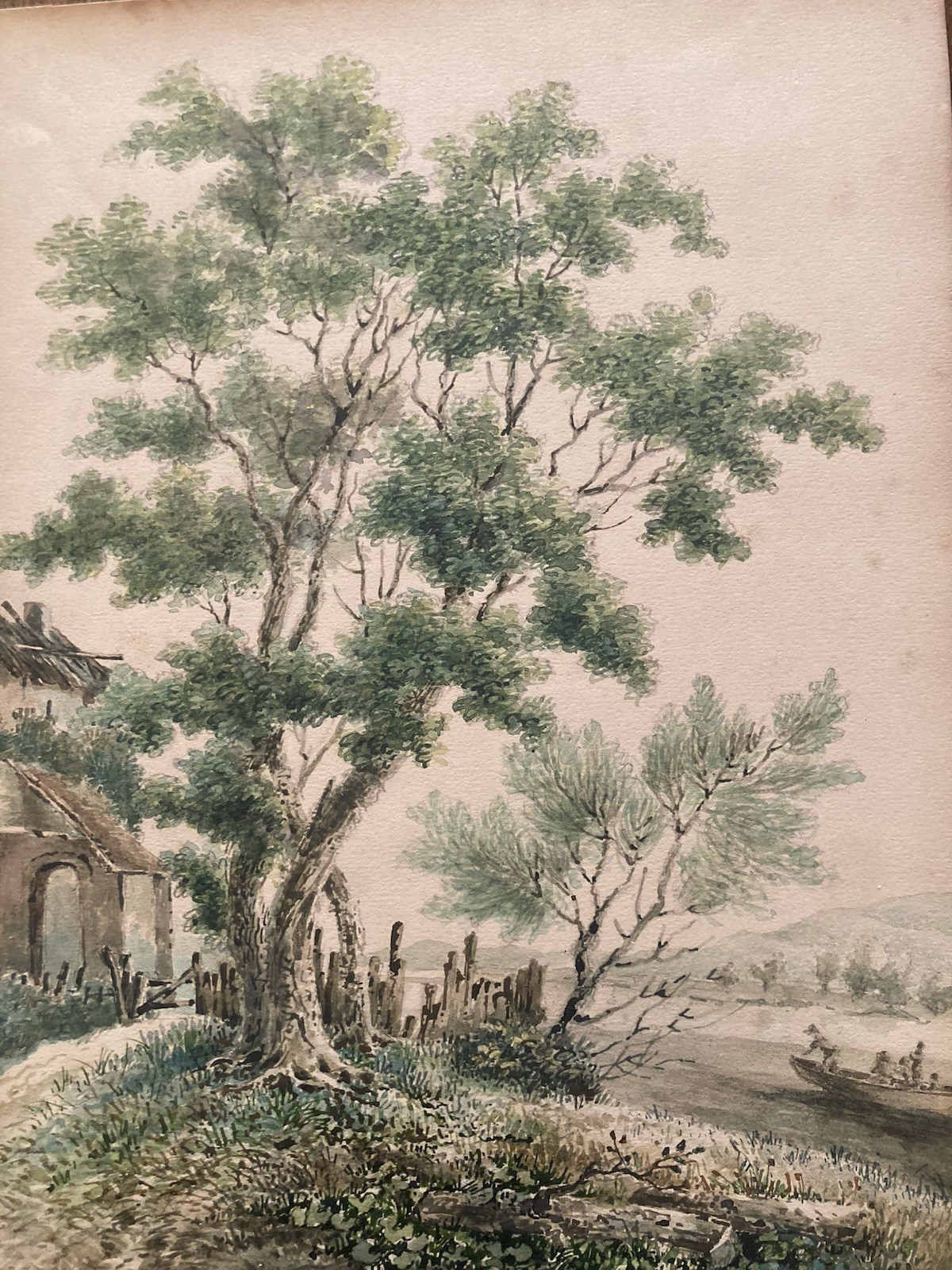 Belle Painting 1920 Watercolour Gouache Landscape Barque Willow Tree to Identify