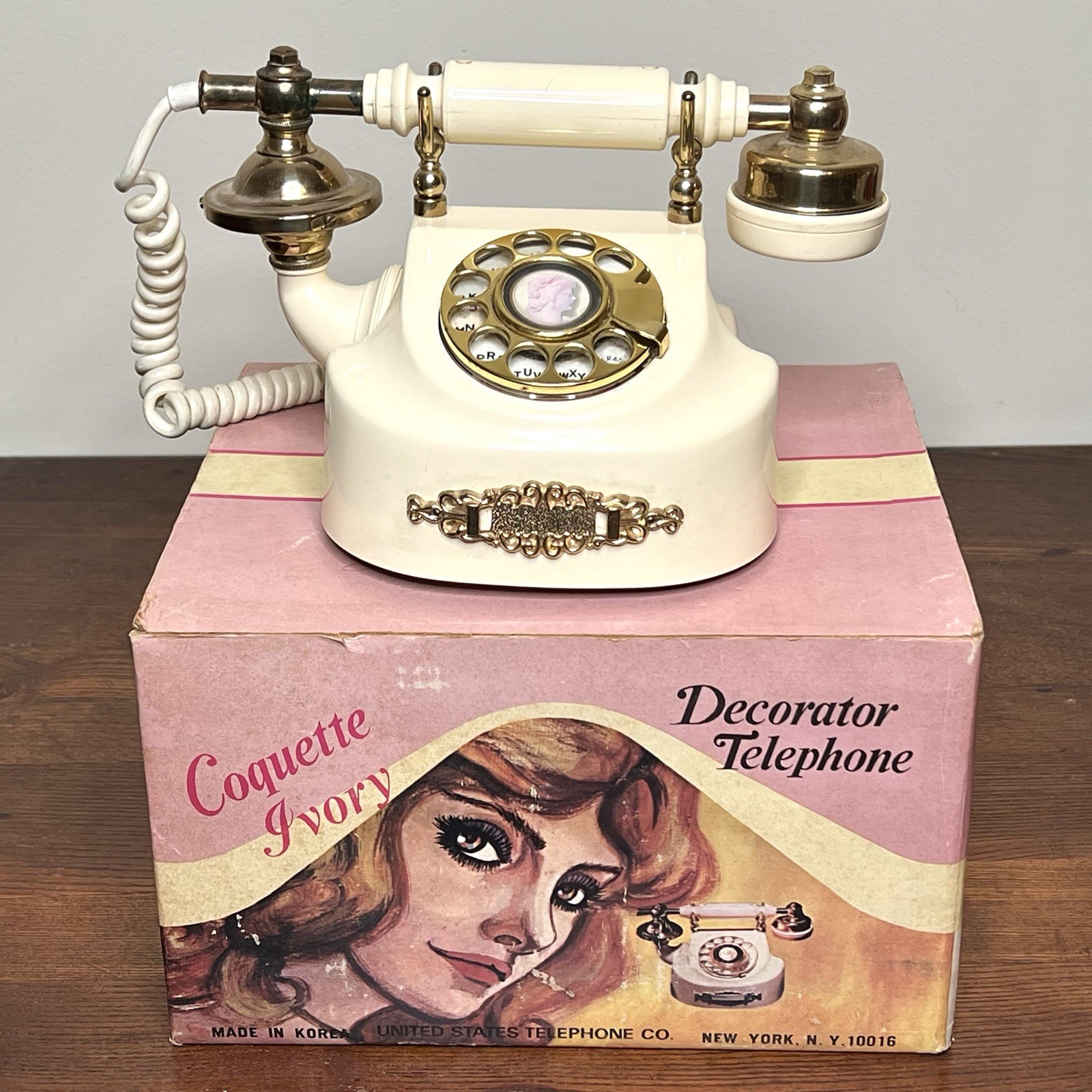 Vintage 1970s Coquette Ivory Rotary Princess-Style Decorator Telephone With Box